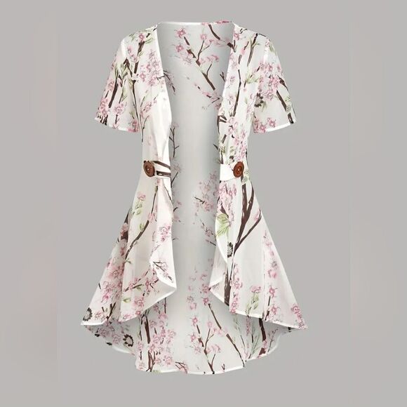 Dressfo 12 White Floral Print Shortsleeves Women's Opened Cardigan - Picture 1 of 13